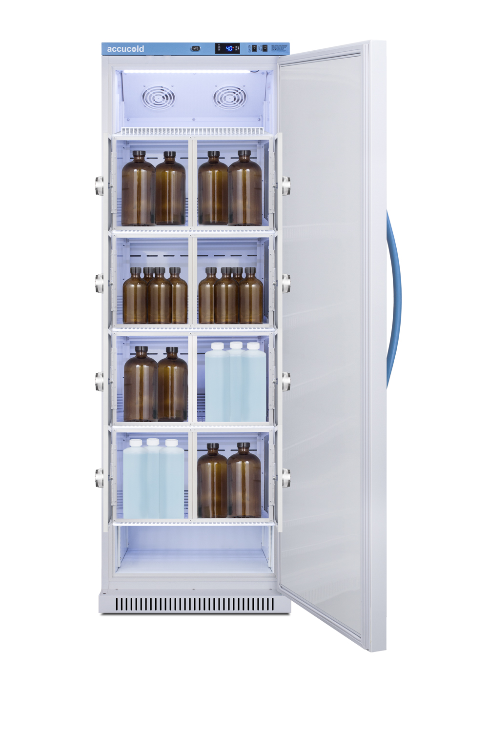 Performance series Med-Lab 15 cu.ft. upright all-refrigerator with 8 interior locking compartments, antimicrobial silver-ion handle, and hospital grade cord with 'green dot' cord